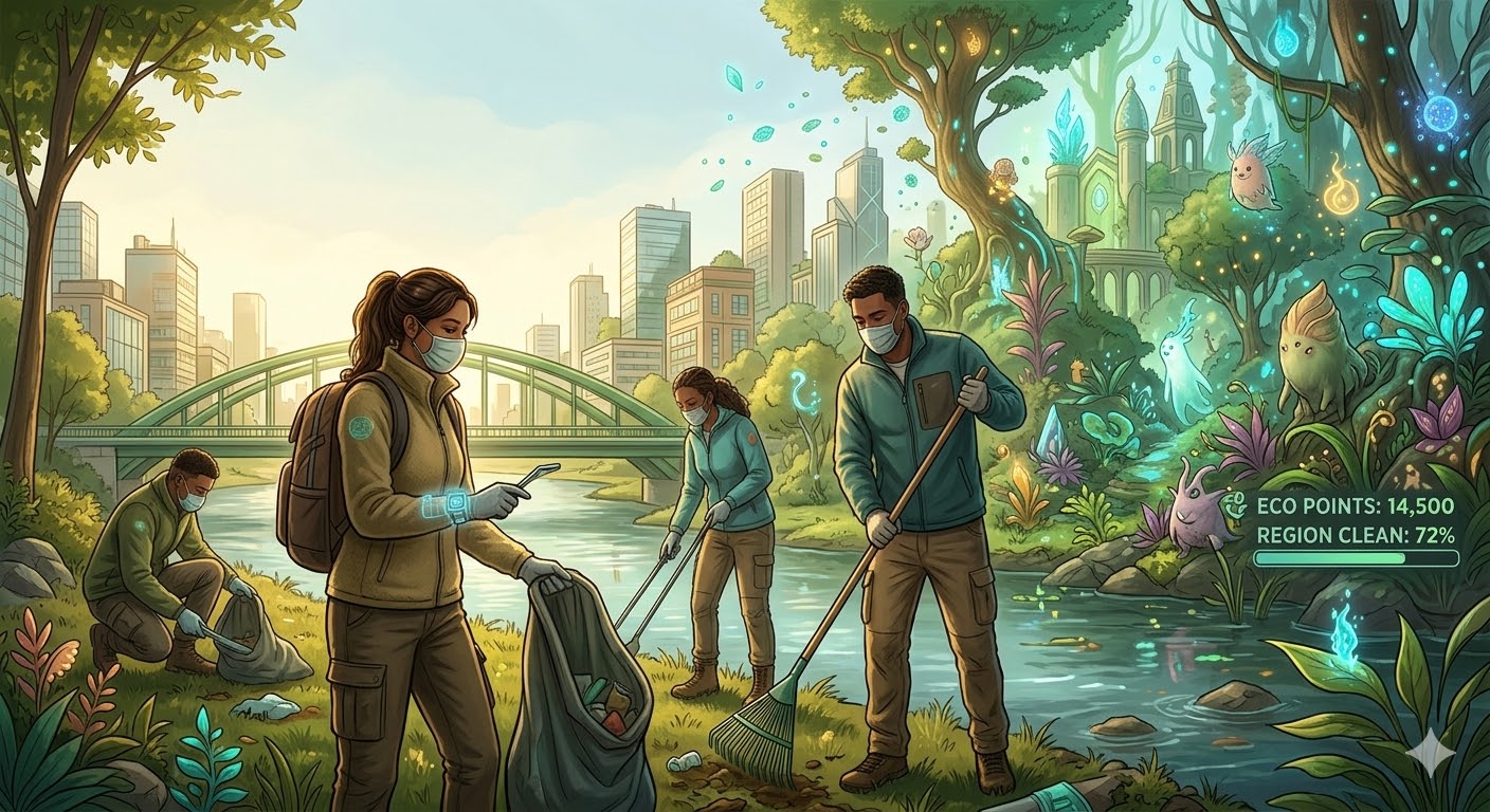 EcoWorld — eco-fantasy landscape with volunteers